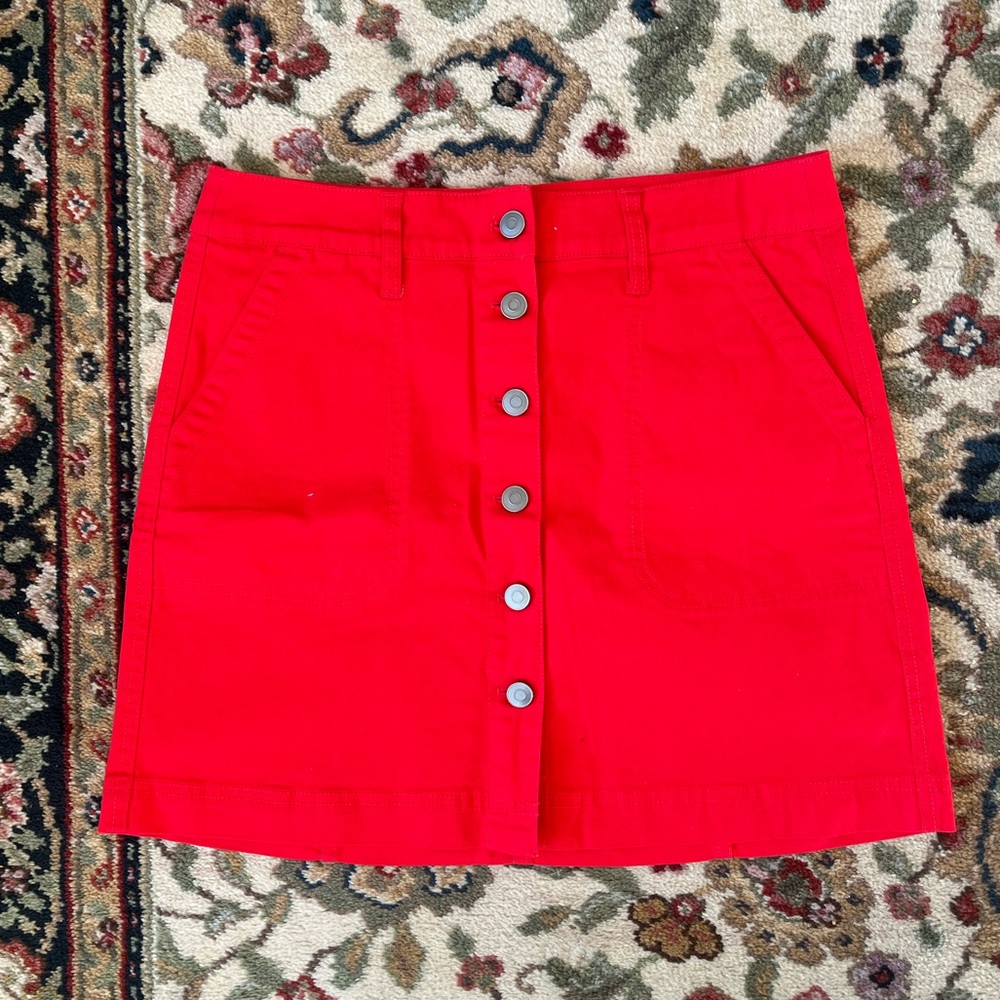 red denim button skirt